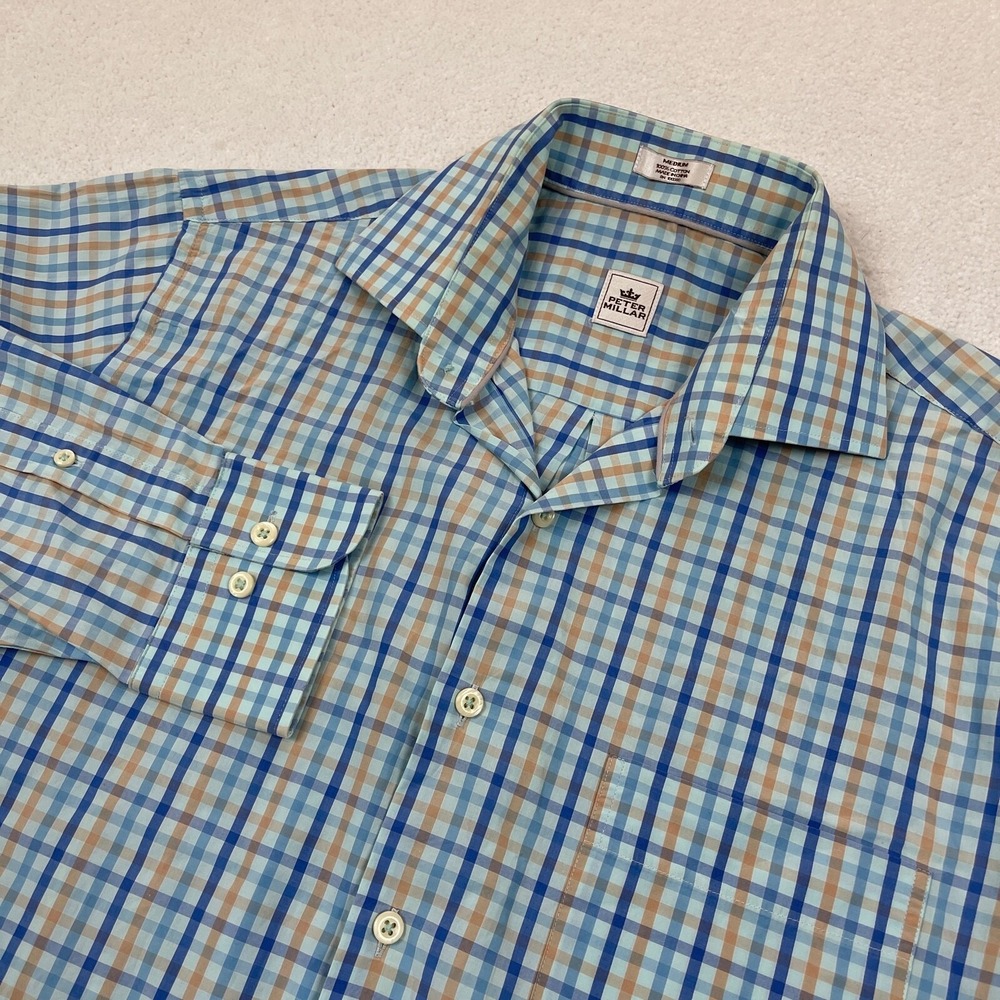 Peter Millar Shirt Men's Medium‎ Button Up Blue Check Long Sleeve